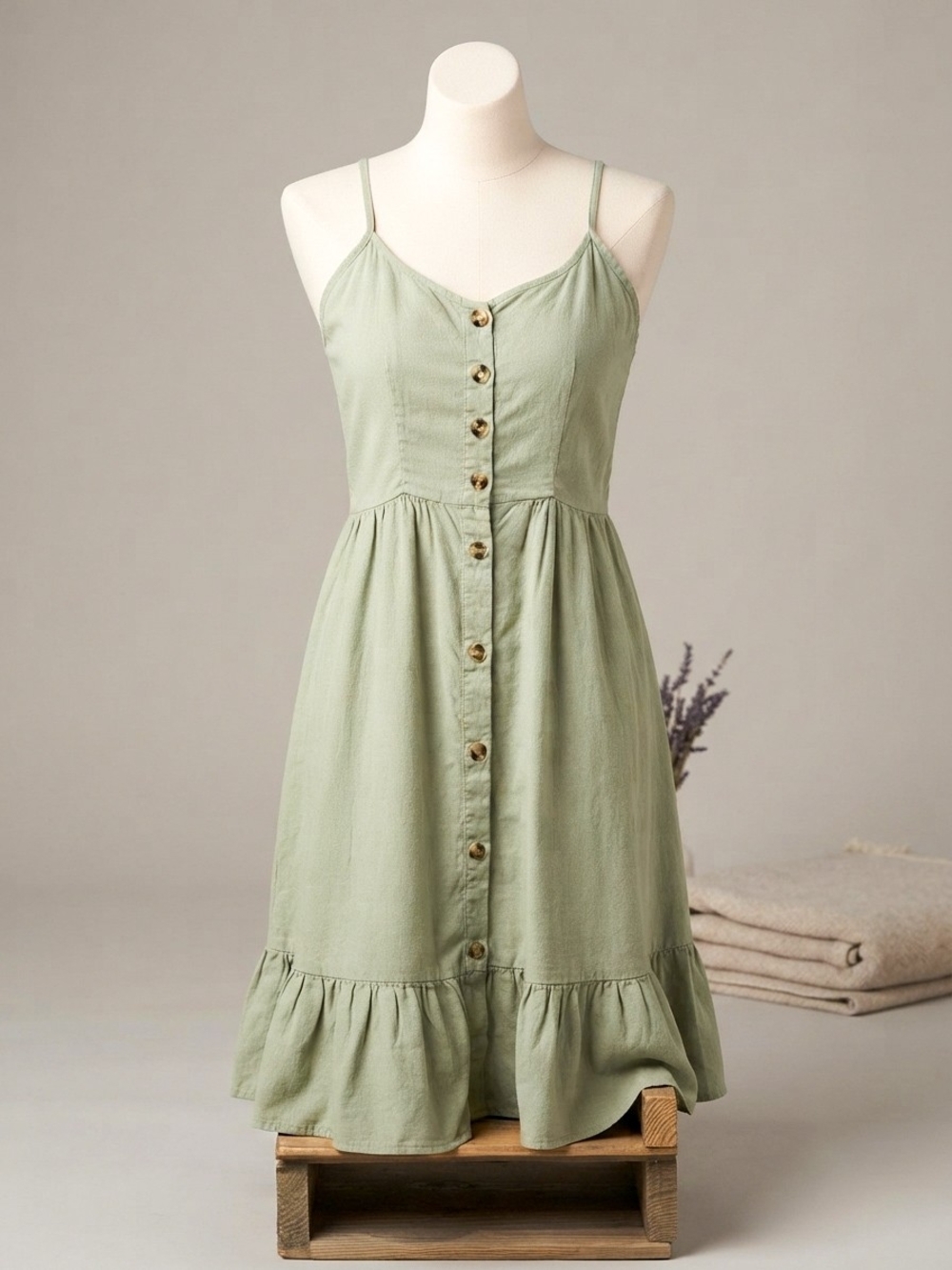Love Tree Sage Green Button-Front Ruffle Midi Dress